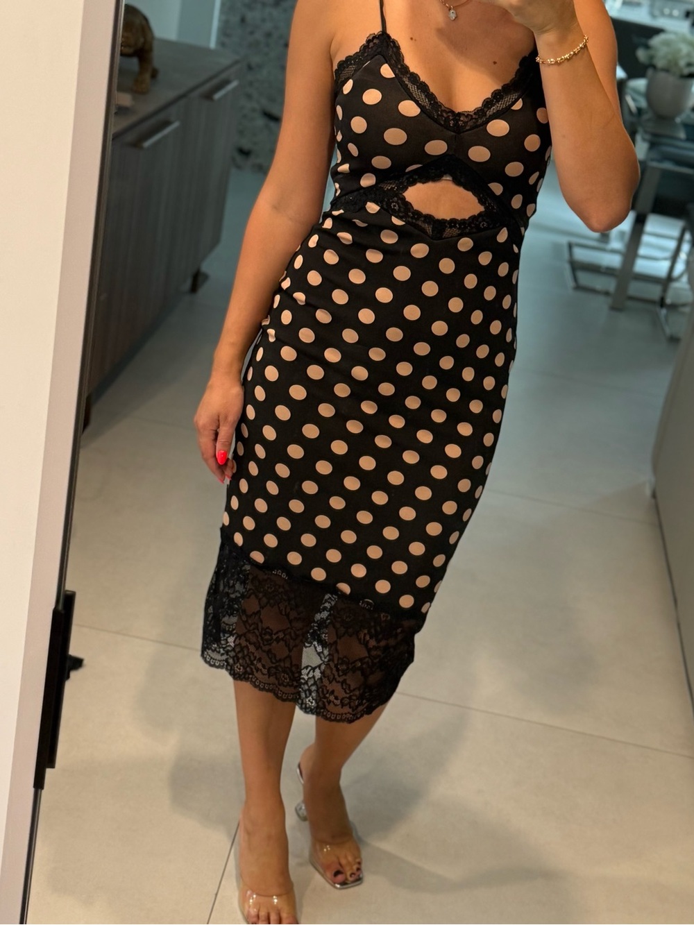 AFRM Black Midi Slip Dress with Nude Polka Dots